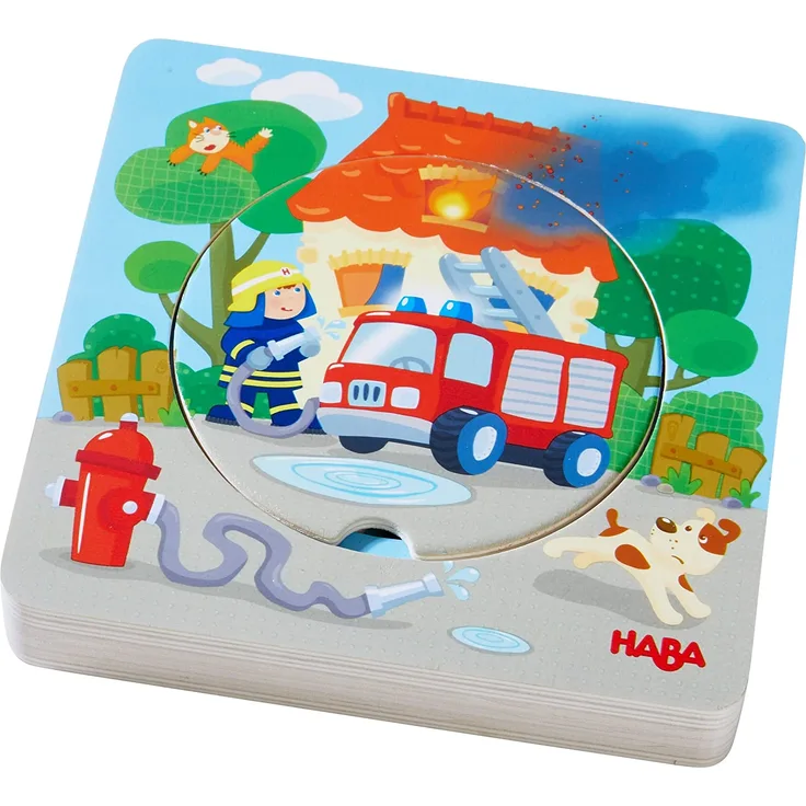 HABA 303252 - Holzpuzzle Feuerwehr-Einsatz | Puzzlespaß in 5 Schichten | Holzspielzeug ab 12 Monaten | 6 Stabile Holzteile mit bunten Feuerwehrmotiven