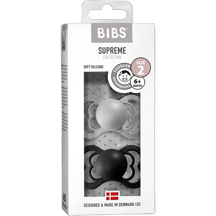 BIBS Supreme Schnuller 2er-Pack, BPA-frei, Symmetrischer Nippel. Silikon, Hergestellt in Dänemark. 6-18 Monate (2er Pack), Cloud / Black – Bild 3