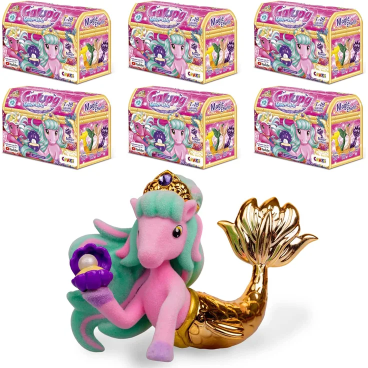 CRAZE GALUPY Mermaid Einhorn Spielzeug in eine Schatztruhe 6x Einhorn Figur mit Meerjungfrauenflosse 18 verschiedene Einhorn Figuren zum Sammeln 40676, 6 Stück, zufällige Auswahl