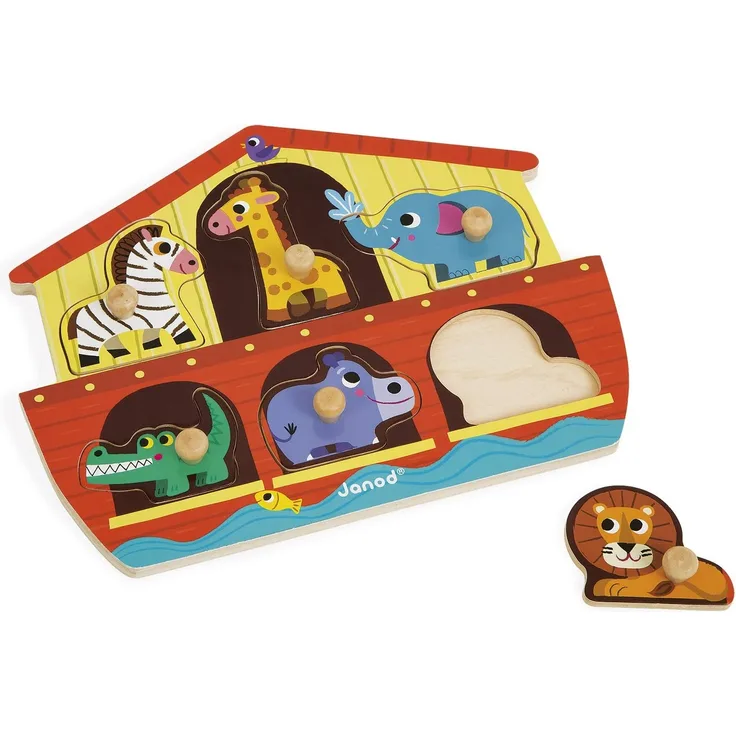 Janod J07062 Knopfpuzzle auz Holz 6 Teile, Arche Noah