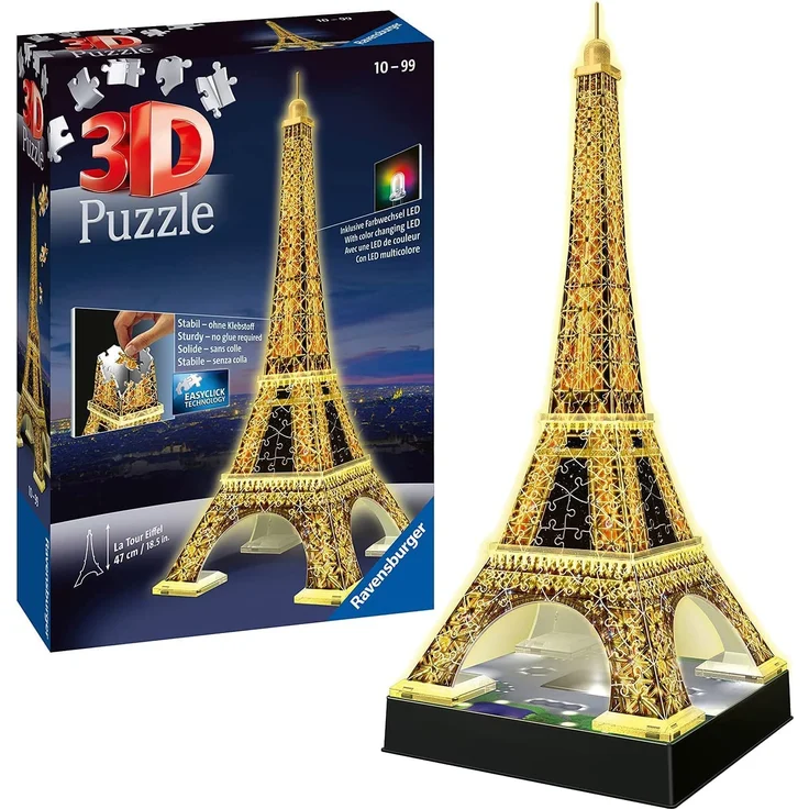 Ravensburger 3D Puzzle 12579 - Eiffelturm bei Nacht - 3D Puzzle für Kinder und Erwachsene, Wahrzeichen von Paris im Miniatur-Format, Leuchtet im Dunkeln – Bild 1