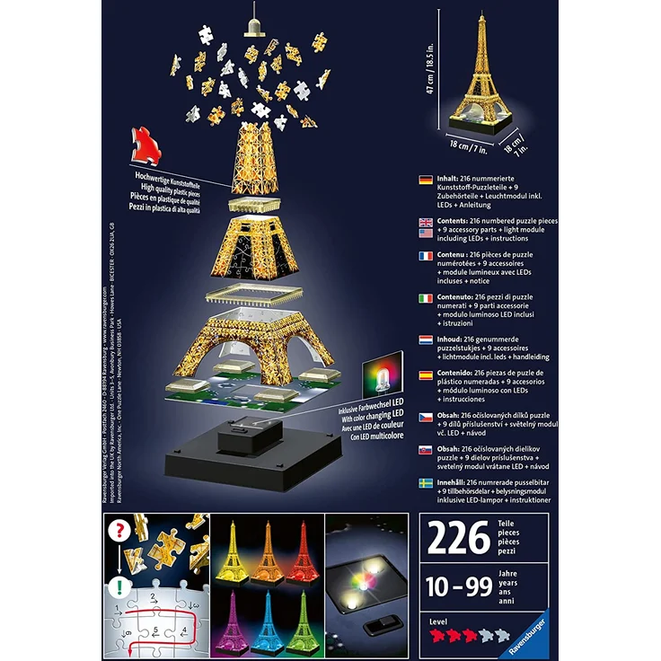 Ravensburger 3D Puzzle 12579 - Eiffelturm bei Nacht - 3D Puzzle für Kinder und Erwachsene, Wahrzeichen von Paris im Miniatur-Format, Leuchtet im Dunkeln – Bild 4