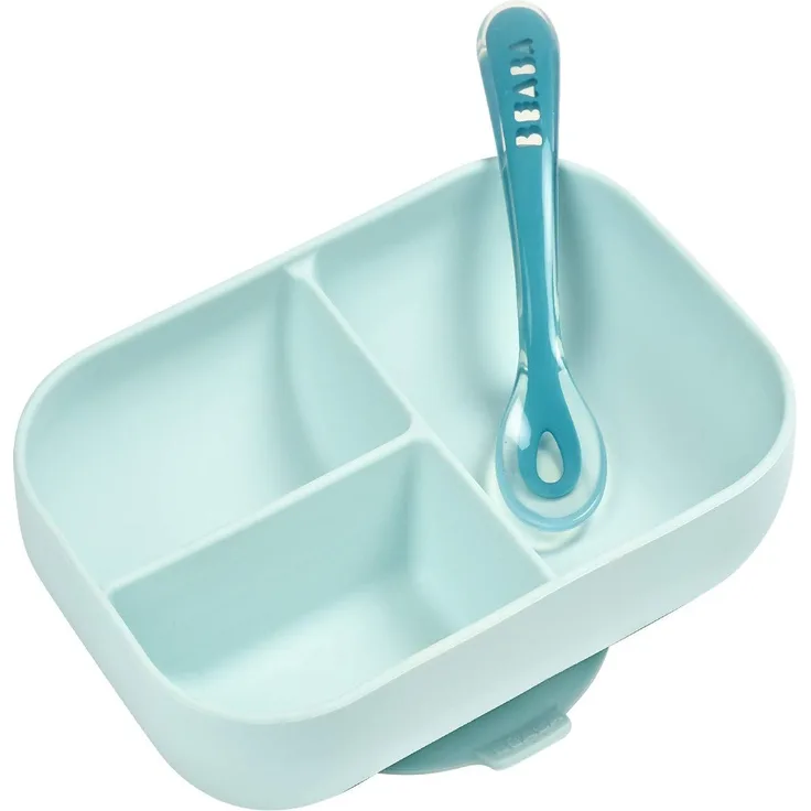 BEABA SILICONE BOTTOM STICKING 3 COMPARTMENT PLATE WITH DUMPER Blue