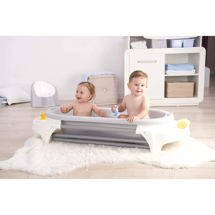 Rotho Babydesign TOP Xtra Große Badewanne, Mit 2 Antirutschmatten und Ablaufstöpsel, Ideal für 2 Kinder, 0-36 Monate, Stone Grey (Grau), 20500 0286 – Bild 5