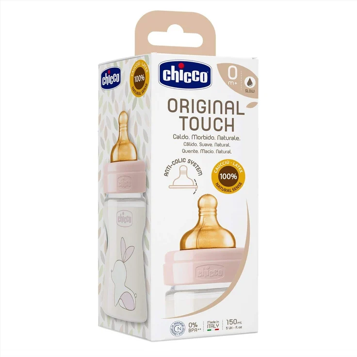 Chicco Original Touch Anti-Kolik-Flasche mit Sauger aus 100 % natürlichem Latex, Flasche mit langsamem Durchfluss 0+ Monate, Kunststoffflasche 150 ml für Neugeborene, Rosa – Bild 5