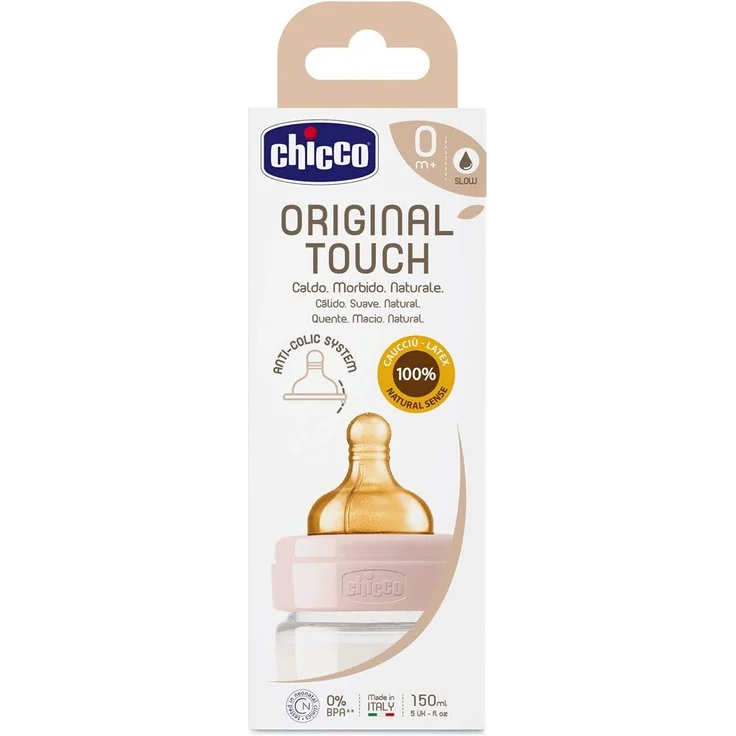 Chicco Original Touch Anti-Kolik-Flasche mit Sauger aus 100 % natürlichem Latex, Flasche mit langsamem Durchfluss 0+ Monate, Kunststoffflasche 150 ml für Neugeborene, Rosa – Bild 3