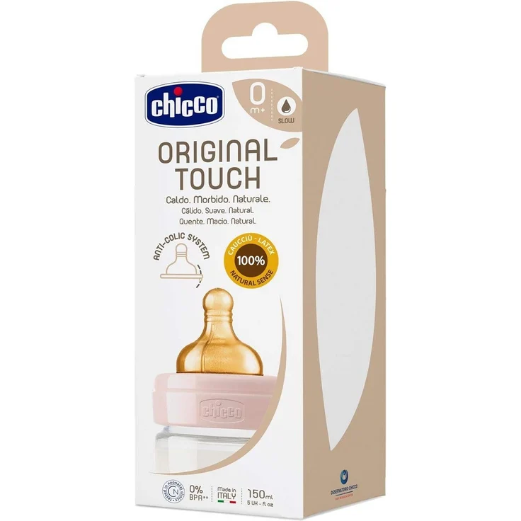 Chicco Original Touch Anti-Kolik-Flasche mit Sauger aus 100 % natürlichem Latex, Flasche mit langsamem Durchfluss 0+ Monate, Kunststoffflasche 150 ml für Neugeborene, Rosa – Bild 4