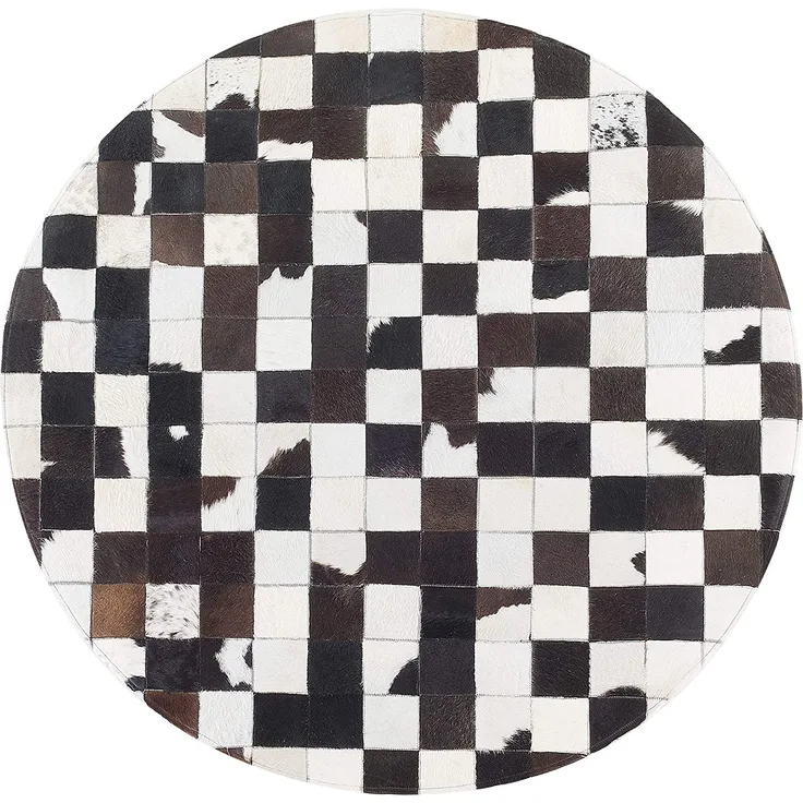 Teppich Weiß Schwarz Echtleder 140 x 140 cm Patchwork Handgefertigt Rund