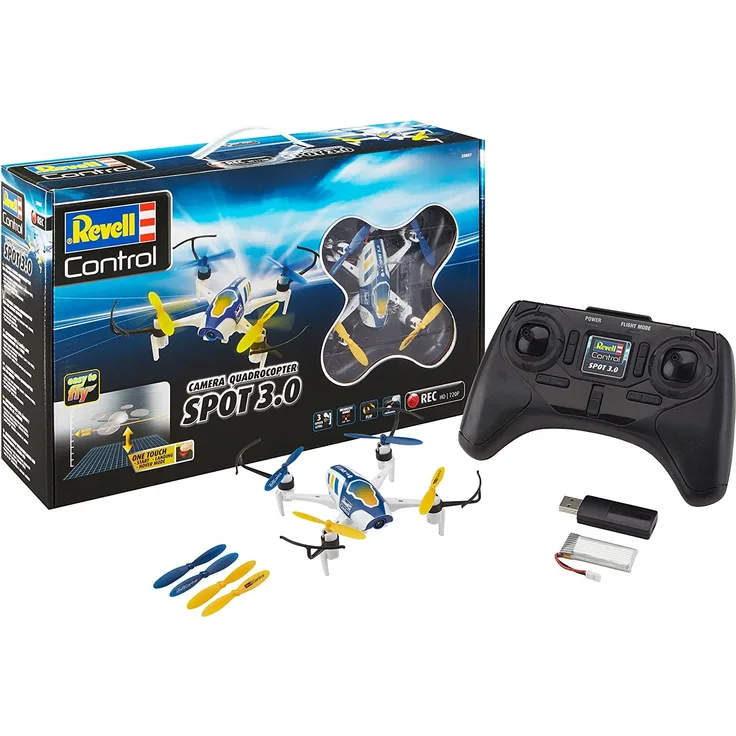 Revell Control 23857 RC HD-Kamera-Quadcopter Spot 3.0, 2.4GHz, Akku, Flip, Rotorschutz, Höhensensor, LED, Headless-Mode, Geschwindigkeitsstufen, ferngesteuerter Quadrokopter, weiß-blau, 14 cm