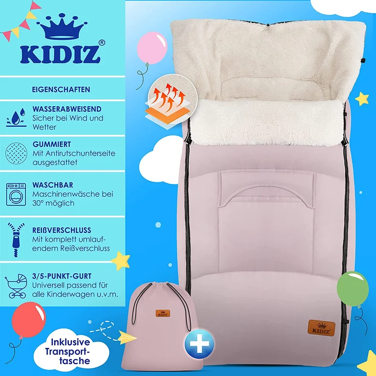 KIDIZ® Babyfußsack Baby Fußsack Winterfußsack Babyschale mit Reißverschluss Kuschelsack Babydecke Kinderwagen waschbar verschließbarer Kopfteil ,Tasche, passend für alle Kinderwagen Rosé Gold – Bild 2