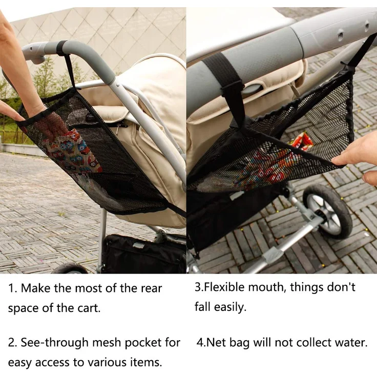 Einkaufstaschen, Universalnetz Einkaufsnetz Für Kinderwagen, Sportwagen Und Buggy, Netztasche Rückseite des Kinderwagens, Aufbewahrungstasche Passend für die meisten Griffe - Schwarz 1 Stück – Bild 3