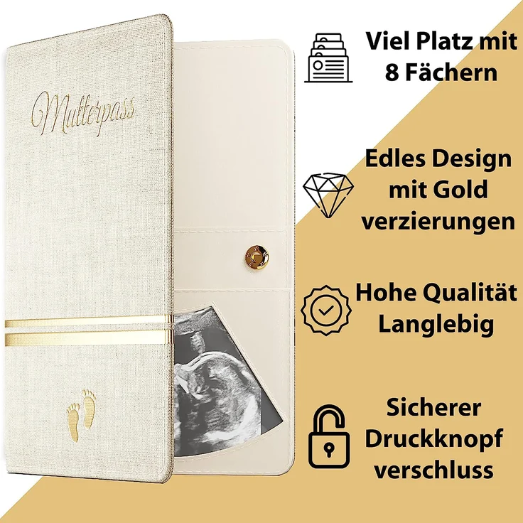Bl4ckPrint - Mutterpasshülle aus Kunstleder Organizer für Impfpass Mutterpass Ultraschallbilder mit vielen Fächern - Deutscher und Österreichischer Mutterpass als Geschenk für Schwangere(Creme) – Bild 3
