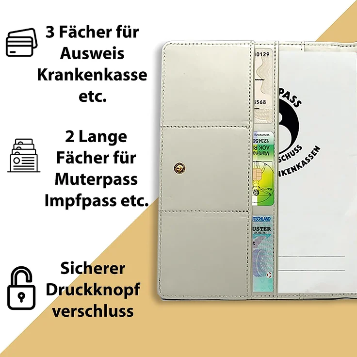 Bl4ckPrint - Mutterpasshülle aus Kunstleder Organizer für Impfpass Mutterpass Ultraschallbilder mit vielen Fächern - Deutscher und Österreichischer Mutterpass als Geschenk für Schwangere(Creme) – Bild 4