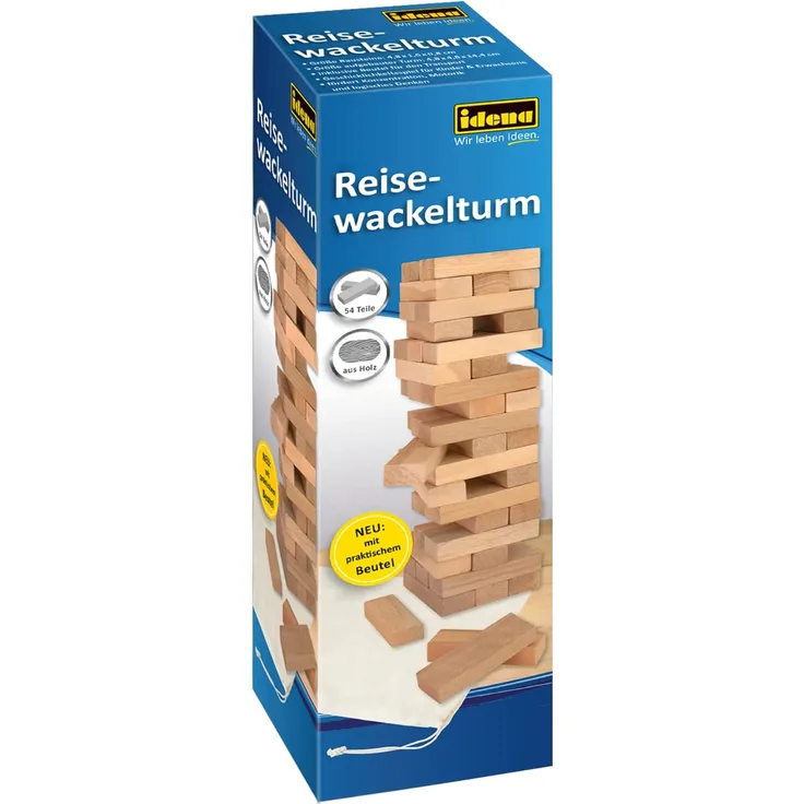 Idena 40088 - Reisespiel Wackelturm aus Holz, Geschicklichkeitsspiel mit 54 Bausteinen und Aufbewahrungstasche, ca. 5 x 5 x 15 cm großer Stapelturm