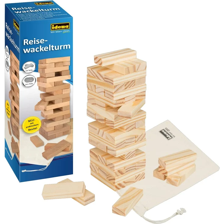 Idena 40088 - Reisespiel Wackelturm aus Holz, Geschicklichkeitsspiel mit 54 Bausteinen und Aufbewahrungstasche, ca. 5 x 5 x 15 cm großer Stapelturm – Bild 2