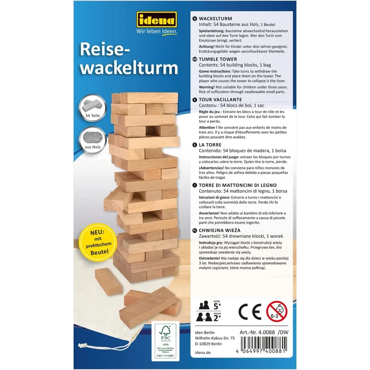 Idena 40088 - Reisespiel Wackelturm aus Holz, Geschicklichkeitsspiel mit 54 Bausteinen und Aufbewahrungstasche, ca. 5 x 5 x 15 cm großer Stapelturm – Bild 4