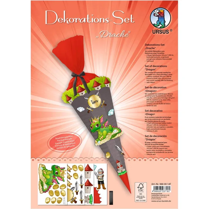 Ursus 9880014F Dekorationsset Drache, 4 Bogen Bastelkarton DIN A4, beidseitig Bedruckt, vorgestanzt, genutet, zum Dekorieren Einer Schultüte, teilweise veredelt, mit Satinband, bunt