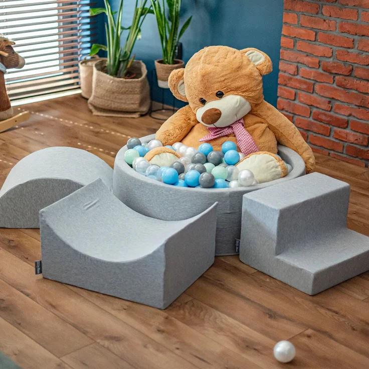 KiddyMoon Bällebad 90X30cm/300 Bälle Bällepool Mit Bällen ∅ 7Cm Für Babys Kinder Viertel Eckig, Hellgrau:Perle/Grau/Transparent/Baby Blau/Mint – Bild 4