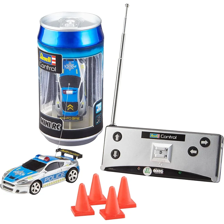 Revell 23559 Mini RC Police Car aus der Dose mit 27MHz-Fernsteuerung inkl. Ladefunktion, LED-Licht, kurze Ladezeit, lange Fahrzeit kleines ferngesteuertes Polizei Auto – Bild 1