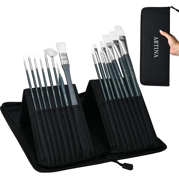 Artina Pinselset Malen Amsterdam – 17 teiliges Pinsel Set mit Tasche in Schwarz – Pinselhalter für Malpinsel Acrylfarben & mehr – Malpinsel Set groß mit Etui