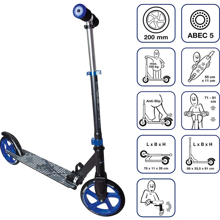 Muuwmi Unisex Jugend Aluminium Scooter 200 mm, schwarz/blau, One Size – Bild 2