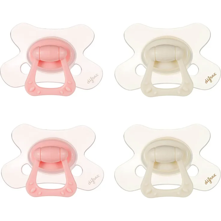 Difrax Natural Baby-Schnuller 12-20 Monate, 4er Set mit Silikonsauger, Gute Akzeptanz, Optimale Luftzufuhr, Angenehm - Rosa & Creme