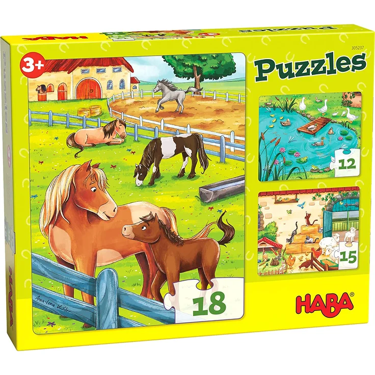 HABA 305237 - Puzzles Bauernhoftiere, 3 Puzzles mit 12, 15 und 18 Teilen und unterschiedlichen Tiermotiven, Puzzle ab 3 Jahren – Bild 1