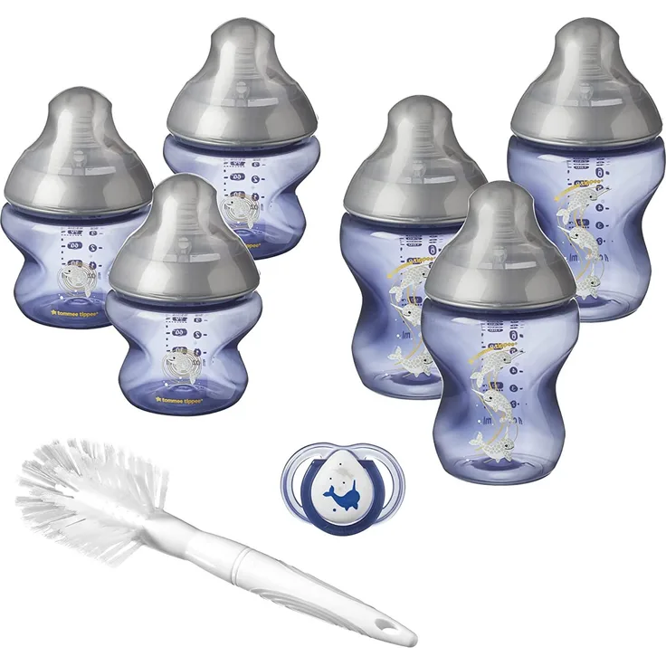 Tommee Tippee Babyfläschchen Set Closer to Nature für Neugeborene, Anti-Kolik Ventil, weicher Sauger, Blau mit Dekorationen