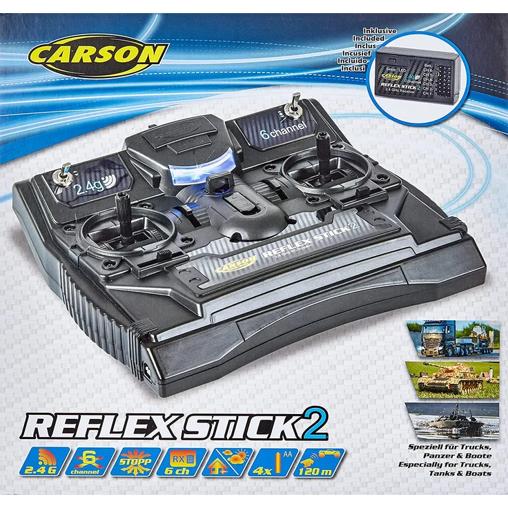 Carson 500501006 FS Reflex Stick II 2. 4 GHz – 6-Kanal-Fernsteueranlage, Fernbedienung mit Empfänger für Modellbau-Fahrzeuge wie RC Autos und Schiffe, Schwarz – Bild 2