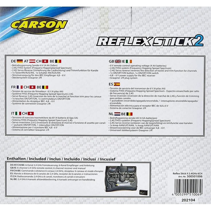 Carson 500501006 FS Reflex Stick II 2. 4 GHz – 6-Kanal-Fernsteueranlage, Fernbedienung mit Empfänger für Modellbau-Fahrzeuge wie RC Autos und Schiffe, Schwarz – Bild 3
