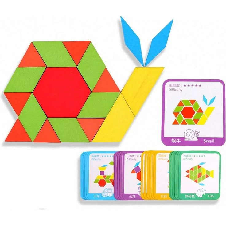 Tangram Kinder Geometrische Formen HolzPuzzles - Montessori Spielzeug Puzzle mit 155 geometrischen Formen und 24 Designkarten Geeignet für 3 4 5 6 7 jährige Kinder Pädagogisches Spielzeug mit – Bild 2