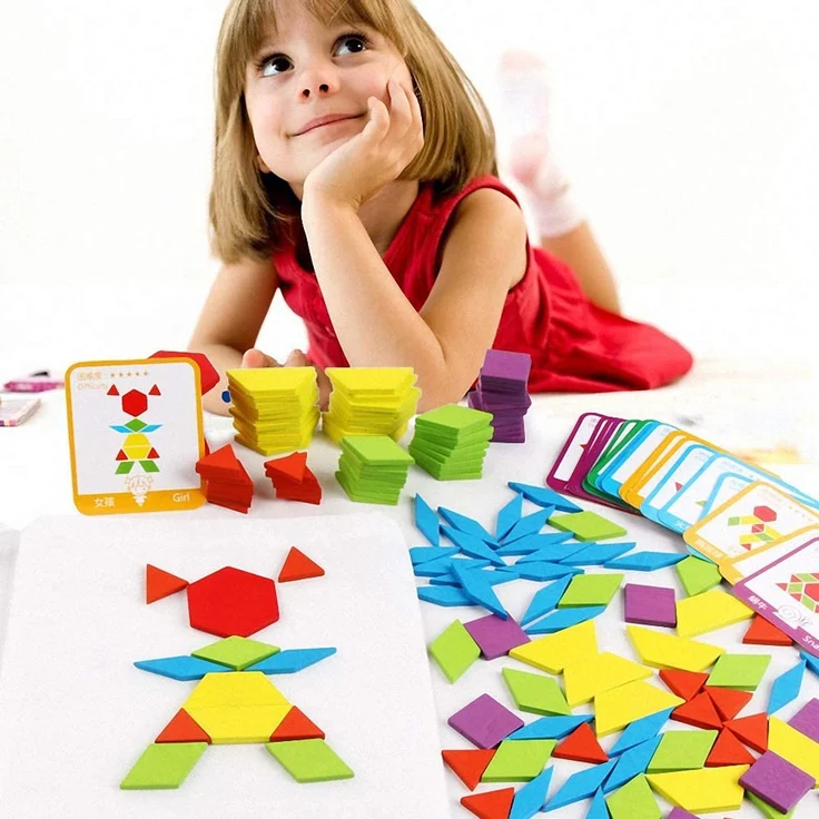 Tangram Kinder Geometrische Formen HolzPuzzles - Montessori Spielzeug Puzzle mit 155 geometrischen Formen und 24 Designkarten Geeignet für 3 4 5 6 7 jährige Kinder Pädagogisches Spielzeug mit – Bild 6