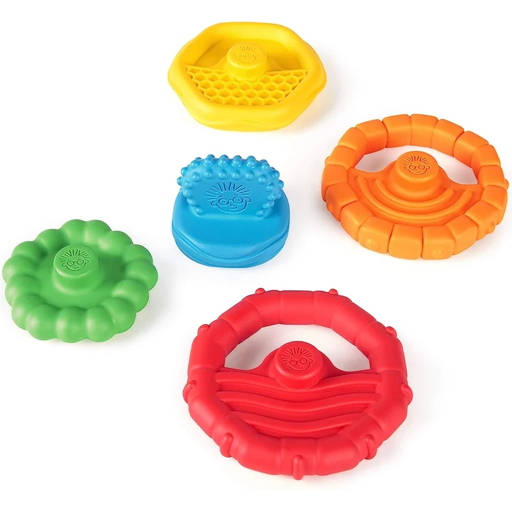 Baby Einstein 12356 Stack & Teethe, Beißring-Set mit unterschiedlichen Strukturen, leicht zu greifen, 5-teilig, Beißring und Spielzeugset zum Stapeln, mehrfarbig, 90 g – Bild 7