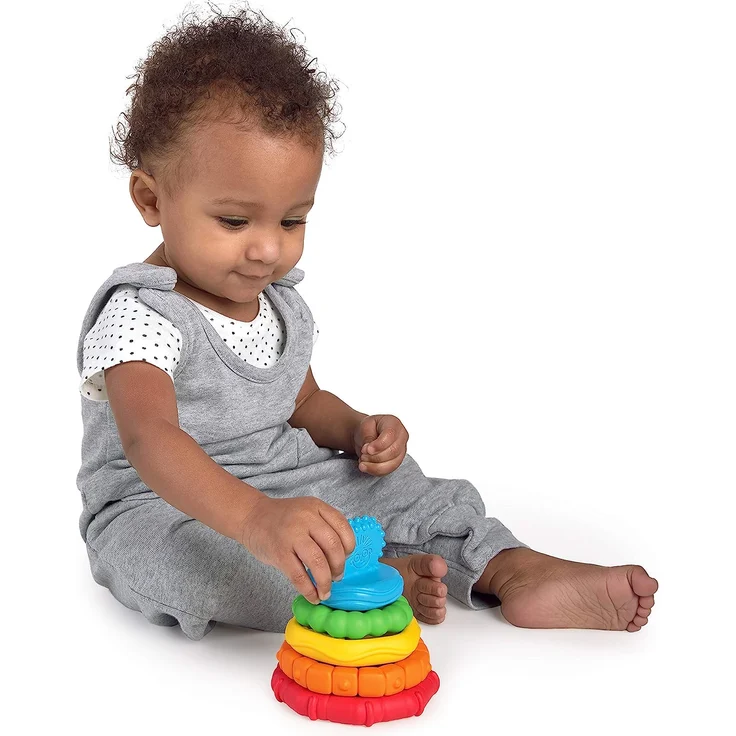 Baby Einstein 12356 Stack & Teethe, Beißring-Set mit unterschiedlichen Strukturen, leicht zu greifen, 5-teilig, Beißring und Spielzeugset zum Stapeln, mehrfarbig, 90 g – Bild 8