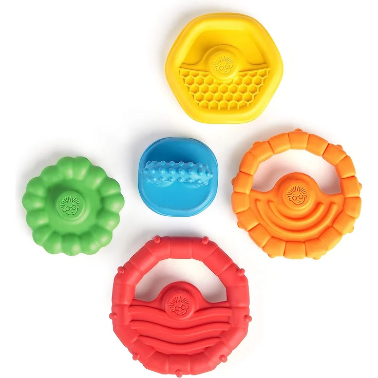 Baby Einstein 12356 Stack & Teethe, Beißring-Set mit unterschiedlichen Strukturen, leicht zu greifen, 5-teilig, Beißring und Spielzeugset zum Stapeln, mehrfarbig, 90 g – Bild 10