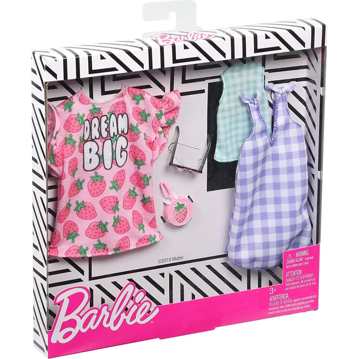 Barbie GHX61 - Fashions 2er-Pack Moden Erdbeer-Print und Karos, 2 Outfits und 2 Accesoires für die Barbie Puppe – Bild 2