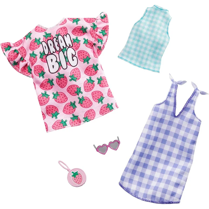 Barbie GHX61 - Fashions 2er-Pack Moden Erdbeer-Print und Karos, 2 Outfits und 2 Accesoires für die Barbie Puppe – Bild 3