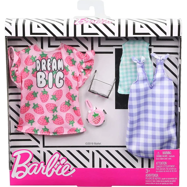 Barbie GHX61 - Fashions 2er-Pack Moden Erdbeer-Print und Karos, 2 Outfits und 2 Accesoires für die Barbie Puppe – Bild 1