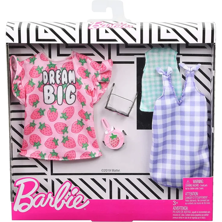 Barbie GHX61 - Fashions 2er-Pack Moden Erdbeer-Print und Karos, 2 Outfits und 2 Accesoires für die Barbie Puppe