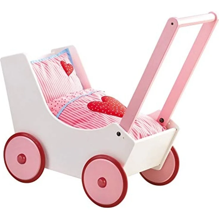 Haba 950 - Puppenwagen Herzen, niedlicher Puppenwagen aus Holz mit mit zweifach verstellbarem Bügel, Matratze, Kissen und Decke, Spielzeug ab 12 Monaten – Bild 1