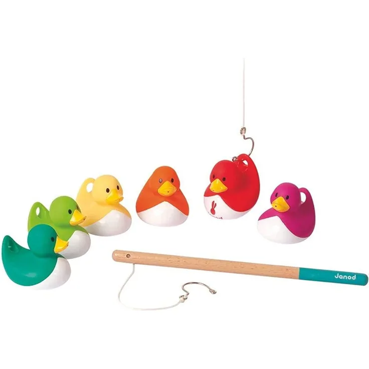 Janod - Angelspiel Enten - 6 Bunte Enten + 2 Angeln aus Holz - Badeenten - Gummienten Geschicklichkeitsspiel - Ideal für Kindergeburtstage - Kinderspielzeug ab 2 Jahren, J03246