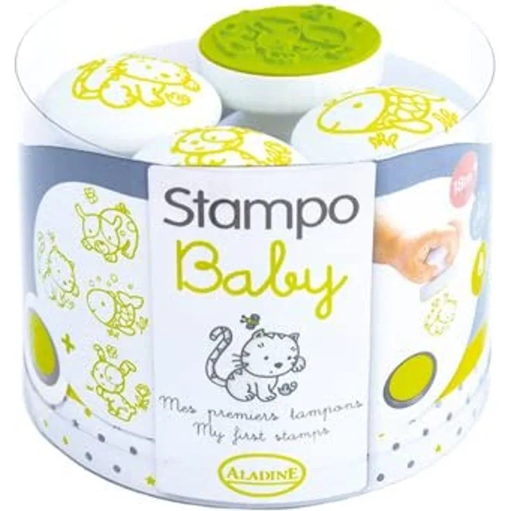 Aladine 55208 Stampo Baby Haustiere Spielset, 4 Stempel und 1 Stempelkissen, grün