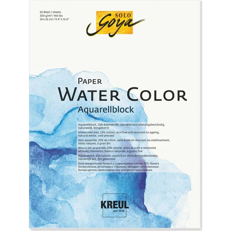 Kreul 68012 - Solo Goya Paper Water Color, Aquarellblock, ca. 24 x 32 cm, 300 g/qm, 20 Blatt, säurefrei und alterungsbeständig, naturweiß, für Malerei mit Aquarell- und Gouachefarben