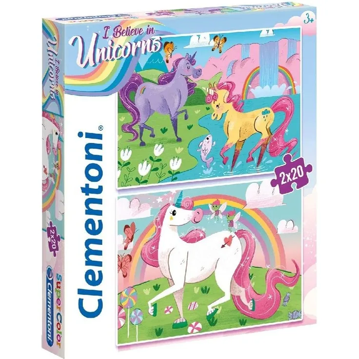 Clementoni - Supercolor - Unicorno Brilliant - 2 x 20 Teile Puzzle, 24754, Multicolour