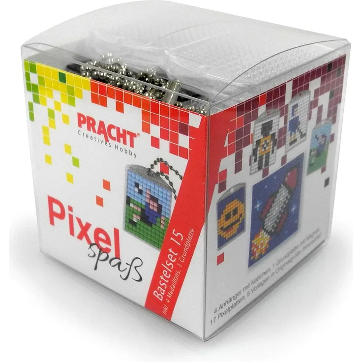 Pracht Creatives Hobby P90035-63501 - Pixel Spaß Bastelset 15, für 4 Medaillons, Schlüsselanhänger, für Kinder, Jungen und Mädchen, als kleines Geschenk, Mitgebsel, für den Kindergeburtstag