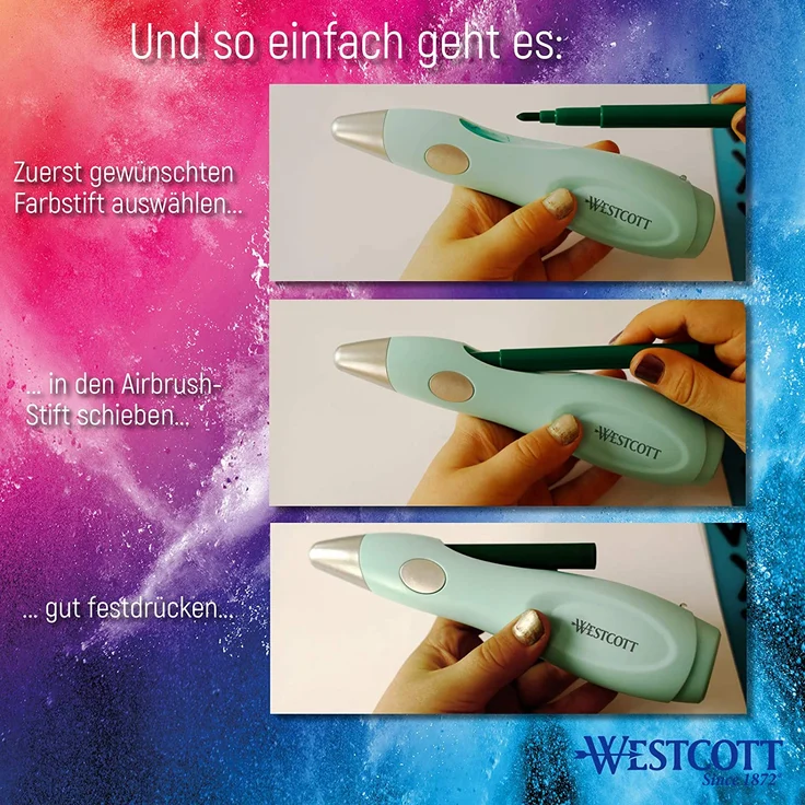 Westcott Elektrischer Farbsprühstift, Airbrush-Set für Kinder mit 12 Filzstiften & 19 Schablonen zum Malen & Zeichnen, mit Akku und USB-Kabel, grün, E-16800 00 – Bild 5