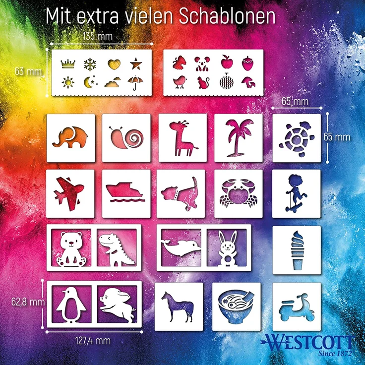 Westcott Elektrischer Farbsprühstift, Airbrush-Set für Kinder mit 12 Filzstiften & 19 Schablonen zum Malen & Zeichnen, mit Akku und USB-Kabel, grün, E-16800 00 – Bild 4