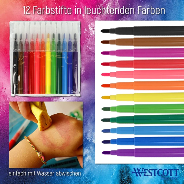 Westcott Elektrischer Farbsprühstift, Airbrush-Set für Kinder mit 12 Filzstiften & 19 Schablonen zum Malen & Zeichnen, mit Akku und USB-Kabel, grün, E-16800 00 – Bild 3