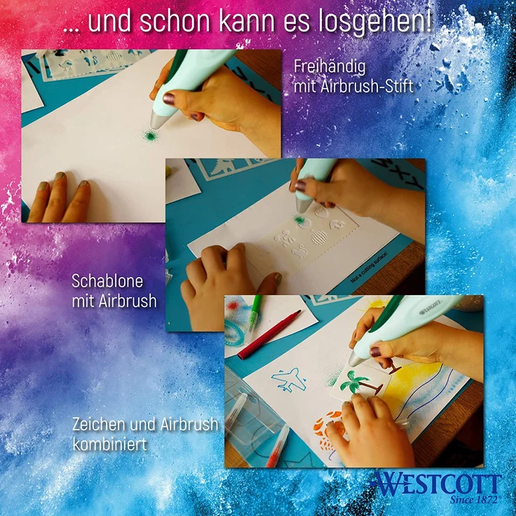 Westcott Elektrischer Farbsprühstift, Airbrush-Set für Kinder mit 12 Filzstiften & 19 Schablonen zum Malen & Zeichnen, mit Akku und USB-Kabel, grün, E-16800 00 – Bild 6
