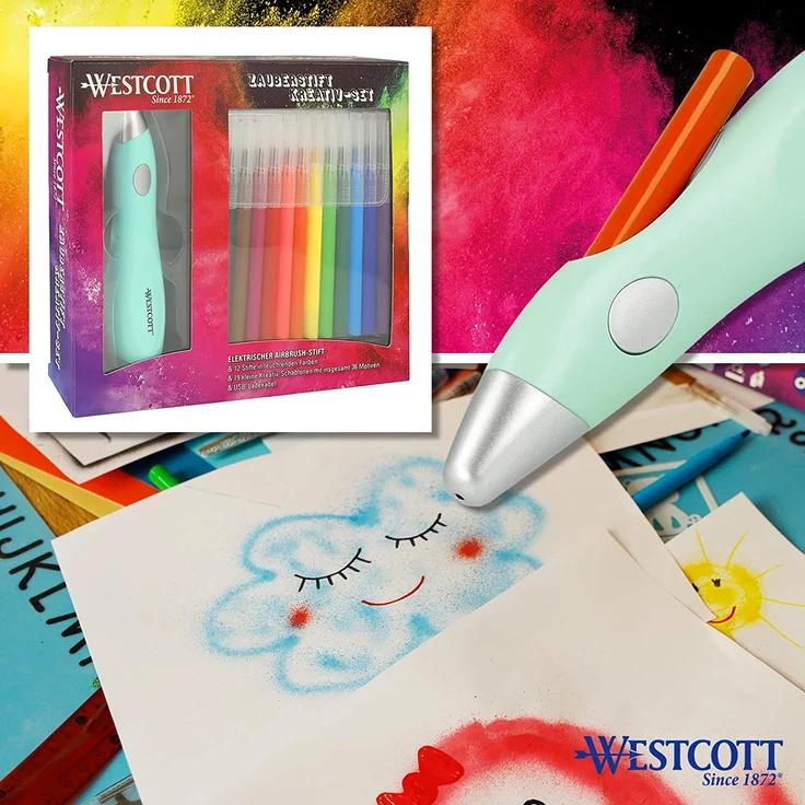 Westcott Elektrischer Farbsprühstift, Airbrush-Set für Kinder mit 12 Filzstiften & 19 Schablonen zum Malen & Zeichnen, mit Akku und USB-Kabel, grün, E-16800 00 – Bild 7